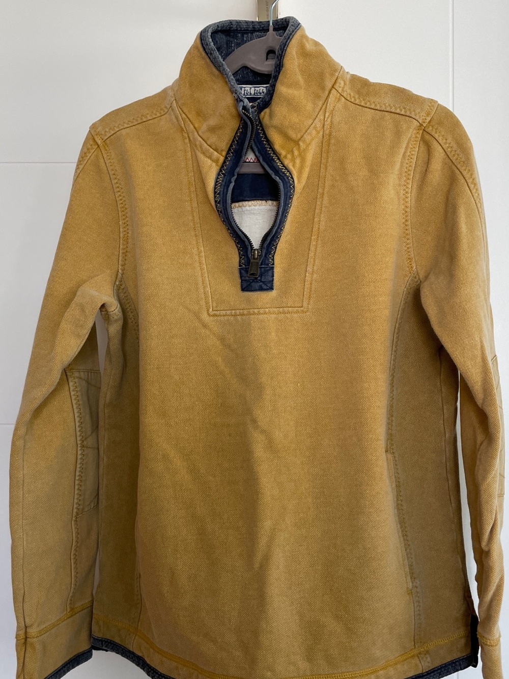Fat Face Men's Zip-Up Sweater in Tan with Navy Trim
